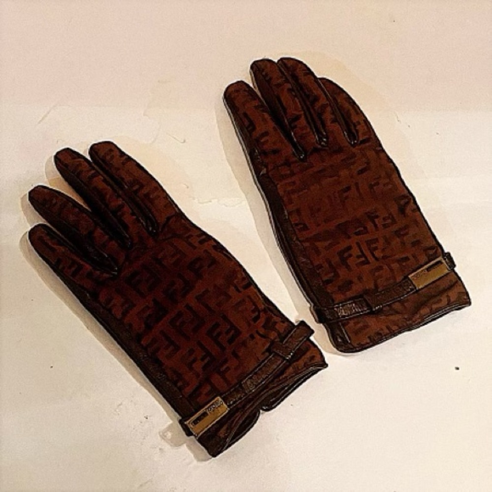 Authentic Vintage Fendi Brown Zucca FF & Lambskin Gloves Size 7